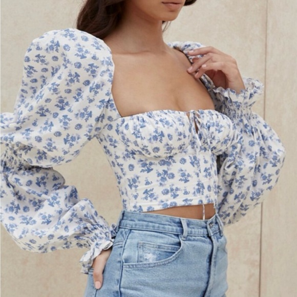 House of CB Tops - House of CB Millicent Cropped Corset Top in Floral Blue Print
